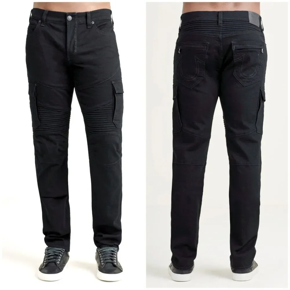 True Religion Jeans Mens 36 (38x28.5) Black Rocco Cargo Moto Relaxed Skinny Rock